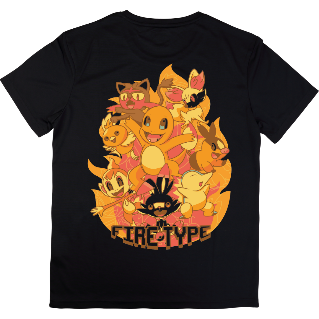 Official Pokemon Fire Type Starter Black Tee - Boys' Graphic Crew Neck T-Shirt with Charizard, Arcanine, & More by RanggRiwaaz