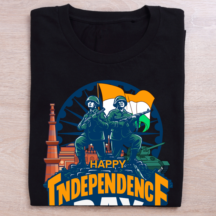 Happy Independence Day India T-Shirt - Patriotic Soldier Graphic Tee by RanggRiwaaz