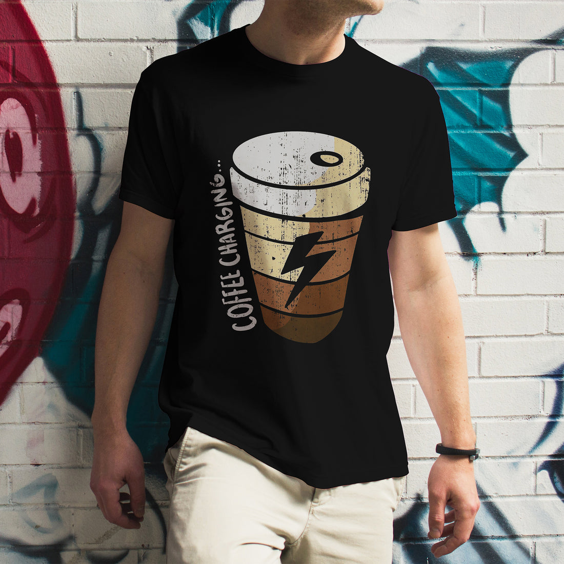 Coffee Charging T-Shirt - Funny Caffeine Powered Tee by RanggRiwaaz