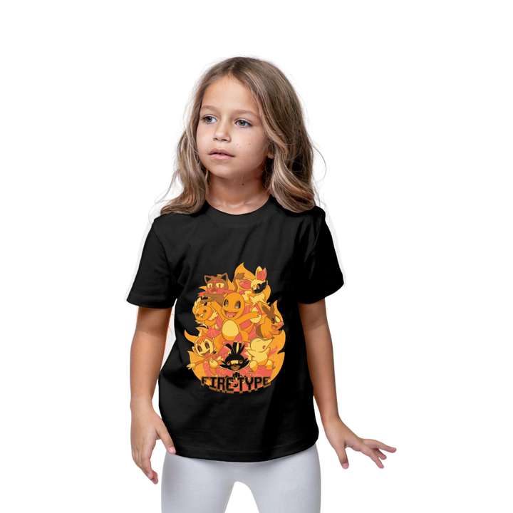 Official Pokemon Fire Type Starter Black Tee - Boys' Graphic Crew Neck T-Shirt with Charizard, Arcanine, & More by RanggRiwaaz