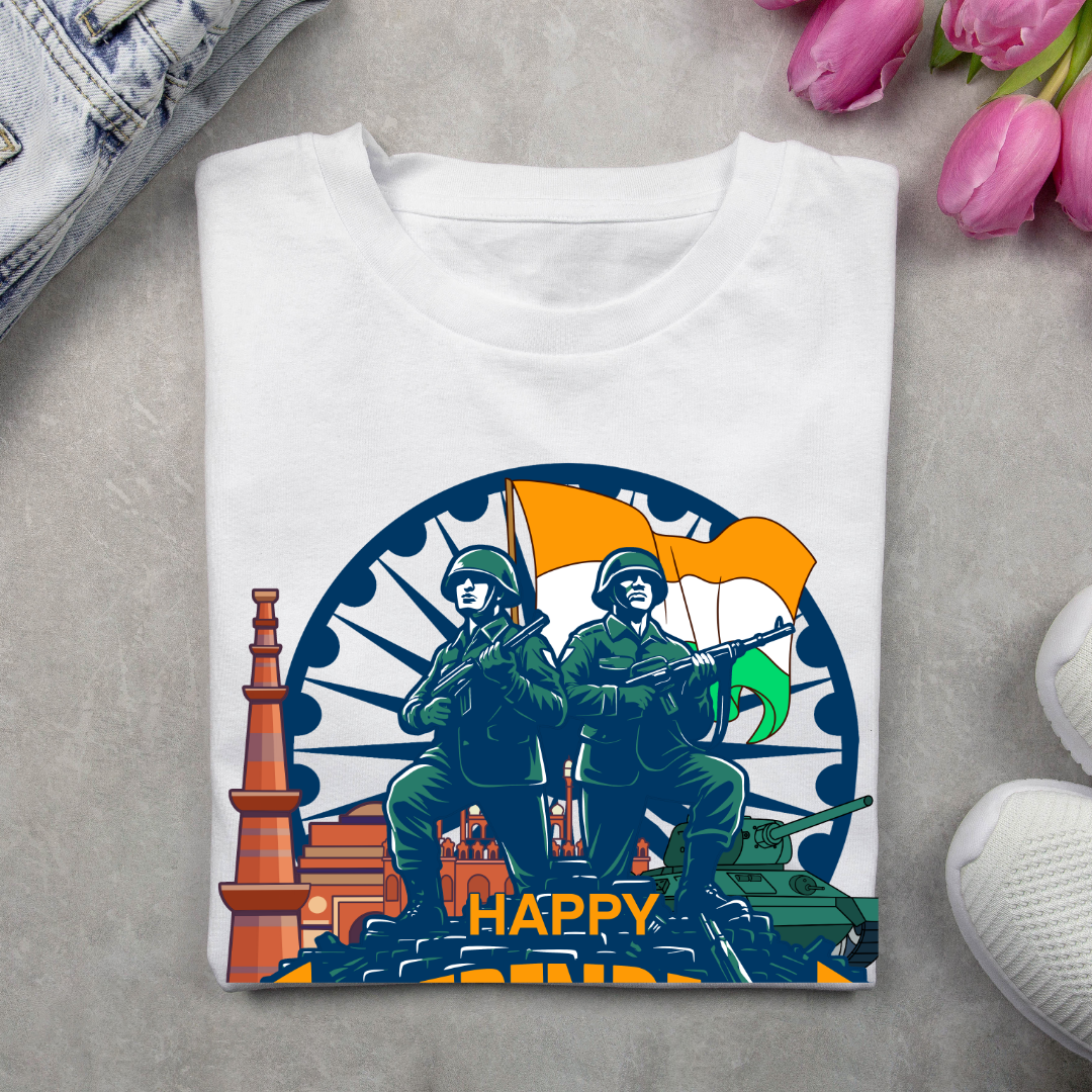 Happy Independence Day India T-Shirt - Patriotic Soldier Graphic Tee by RanggRiwaaz