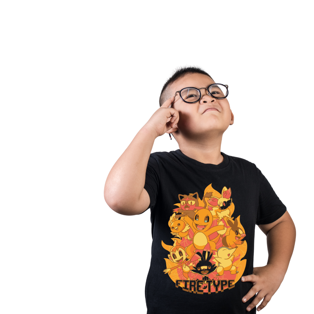 Official Pokemon Fire Type Starter Black Tee - Boys' Graphic Crew Neck T-Shirt with Charizard, Arcanine, & More by RanggRiwaaz