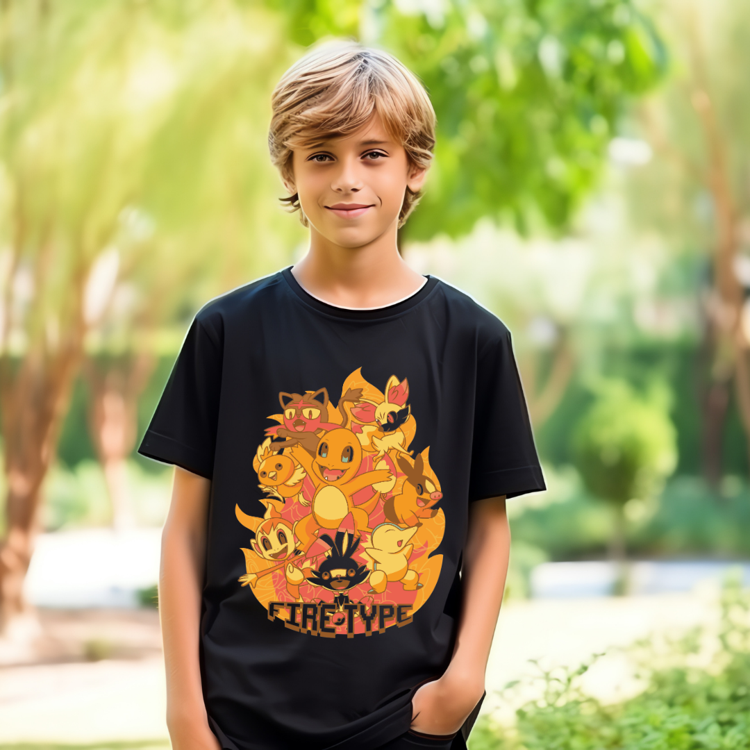 Official Pokemon Fire Type Starter Black Tee - Boys' Graphic Crew Neck T-Shirt with Charizard, Arcanine, & More by RanggRiwaaz