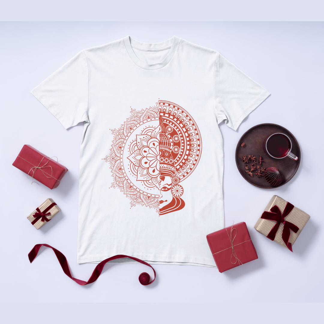 "Happy Onam" T-Shirt - King Mahabali & Pookalam Design by RanggRiwaaz