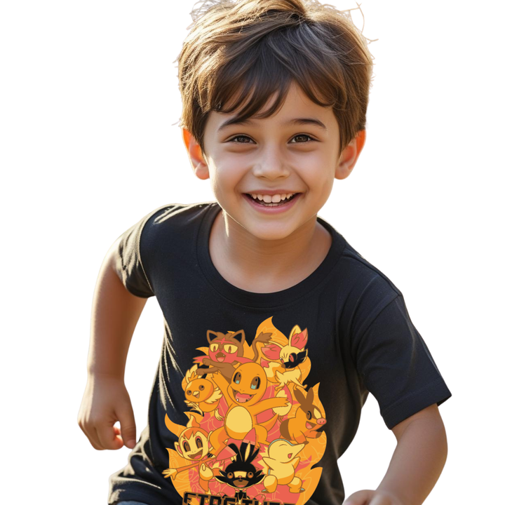 Official Pokemon Fire Type Starter Black Tee - Boys' Graphic Crew Neck T-Shirt with Charizard, Arcanine, & More by RanggRiwaaz