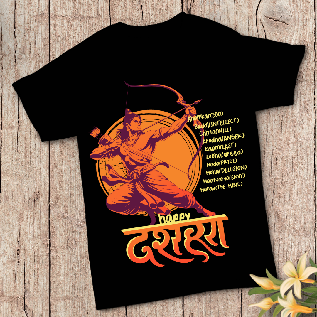 Happy Dussehra T-Shirt - Victory of Good Over Evil Tee in Black by RanggRiwaaz