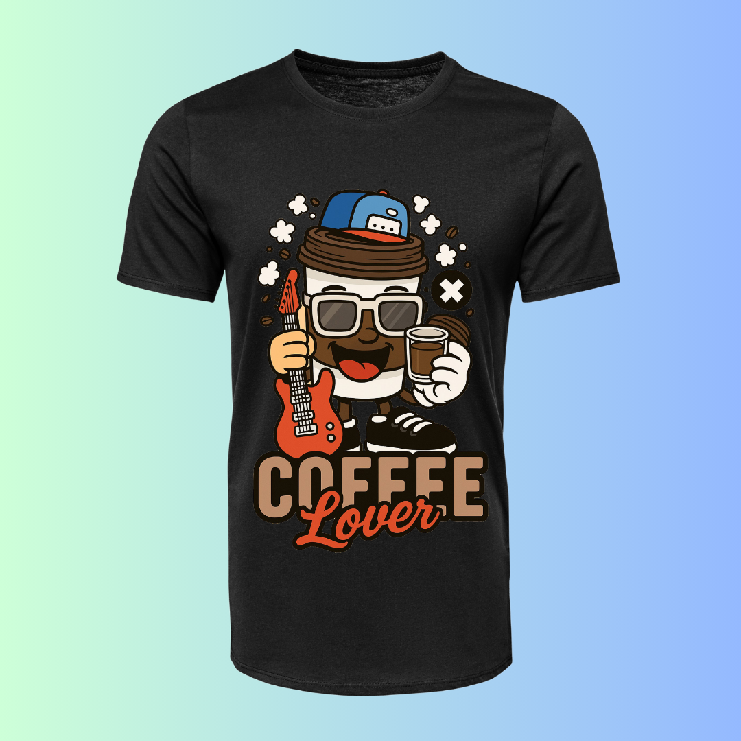 Music Coffee Lover with Guitar T-Shirt - Unisex Musician & Coffee Fan Tee by RanggRiwaaz