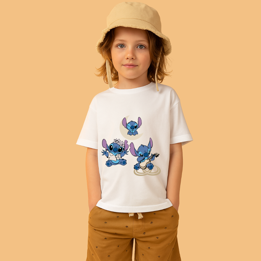 Disney Stitch Play Wink Dance White T-Shirt for Boys - Fun Character Graphic Tee by RanggRiwaaz