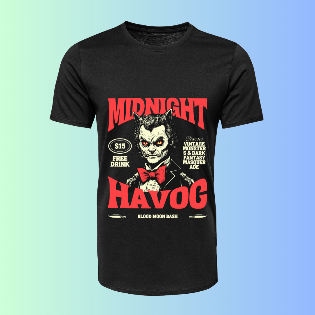 Midnight Havoc T-Shirt - Chaos & Rebellion Halloween Graphic Tee by RanggRiwaaz