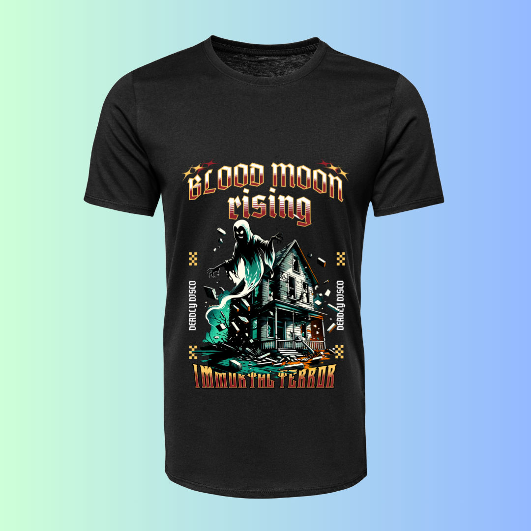 Blood Moon Rising T-Shirt - Dark Halloween Graphic Tee by RanggRiwaaz