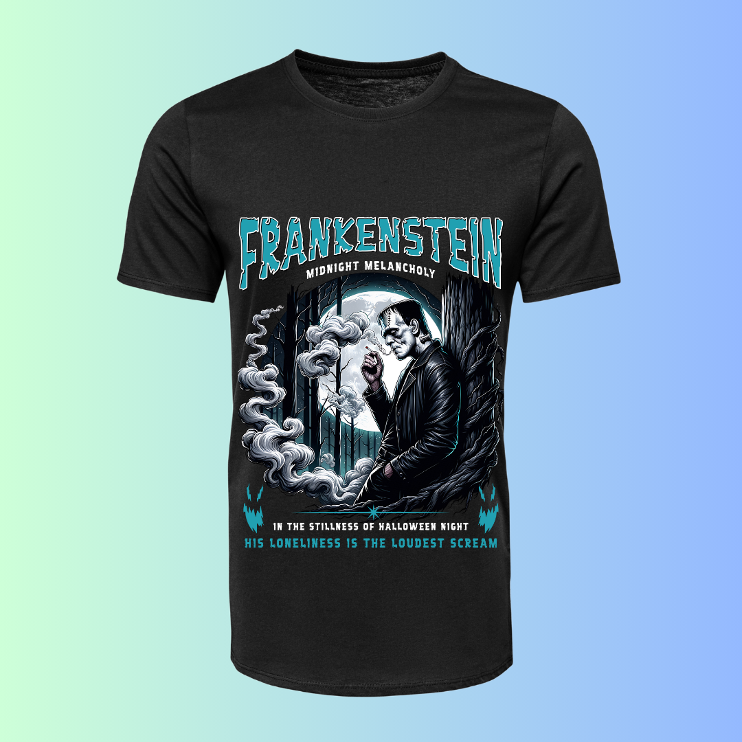 Frankenstein Midnight Melancholy T-Shirt - Gothic Literary Halloween Graphic Tee by RanggRiwaaz