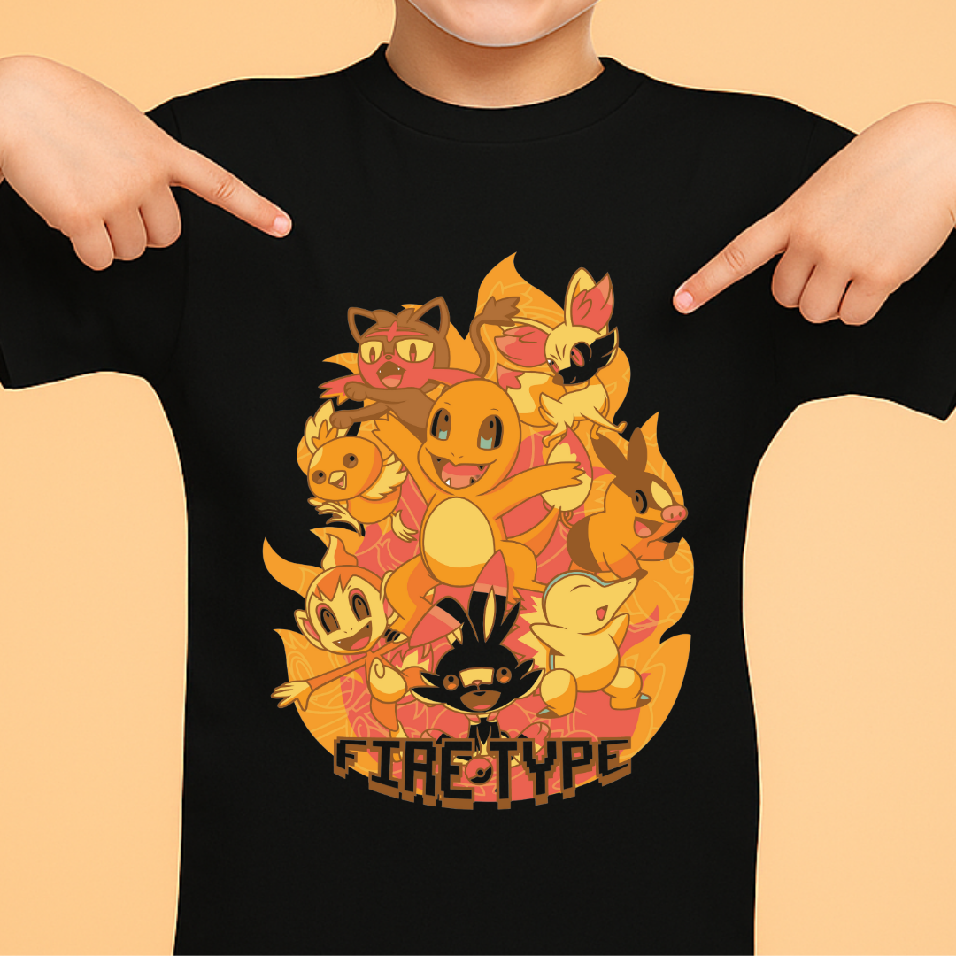 Official Pokemon Fire Type Starter Black Tee - Boys' Graphic Crew Neck T-Shirt with Charizard, Arcanine, & More by RanggRiwaaz
