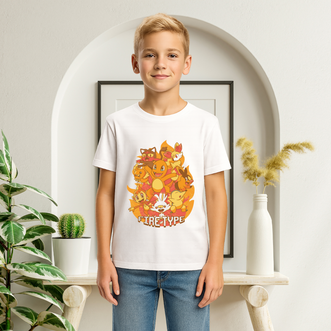 Official Pokemon Fire Type Starter White Tee - Boys' Graphic Crew Neck T-Shirt with Charizard, Arcanine, & More by RanggRiwaaz