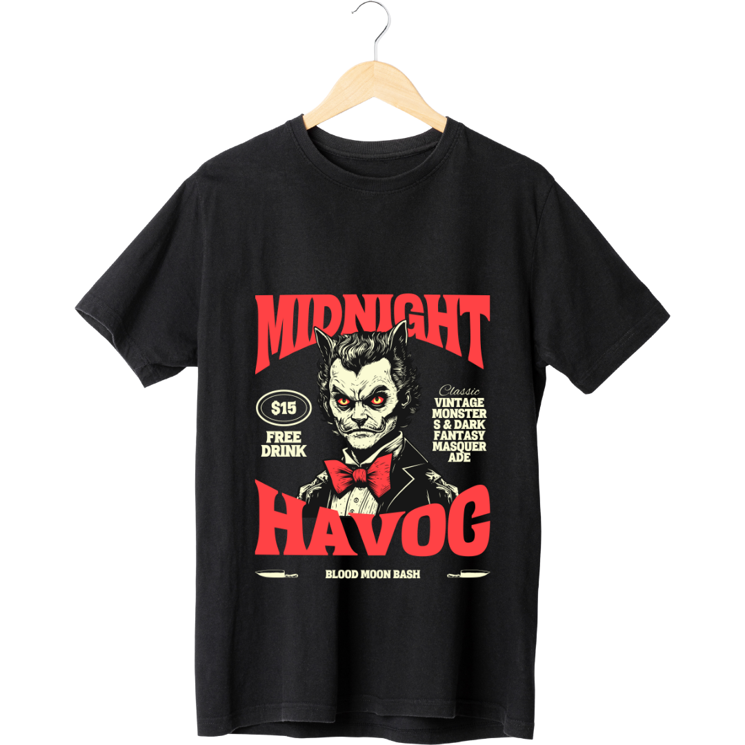 Midnight Havoc T-Shirt - Chaos & Rebellion Halloween Graphic Tee by RanggRiwaaz