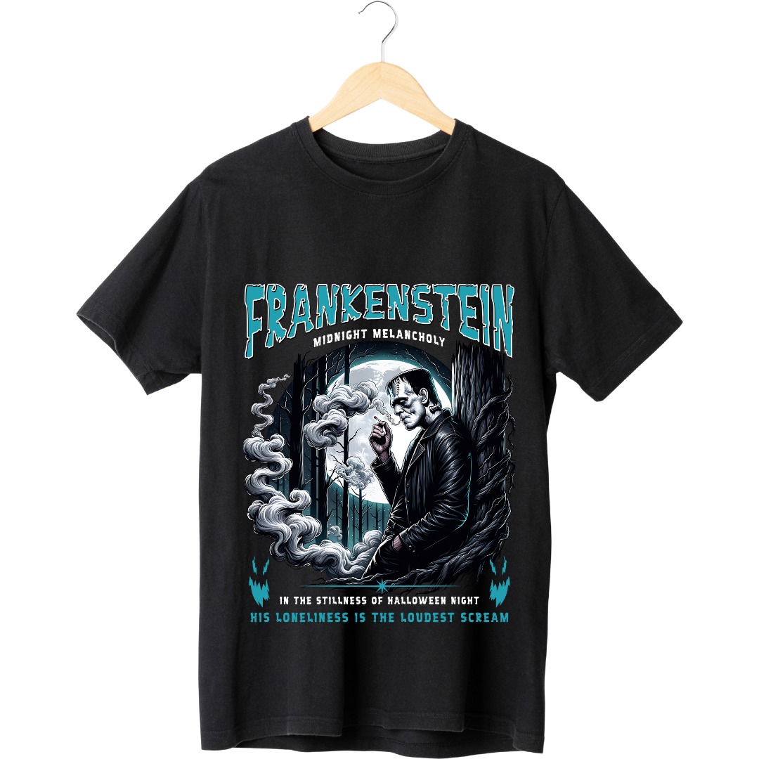 Frankenstein Midnight Melancholy T-Shirt - Gothic Literary Halloween Graphic Tee by RanggRiwaaz