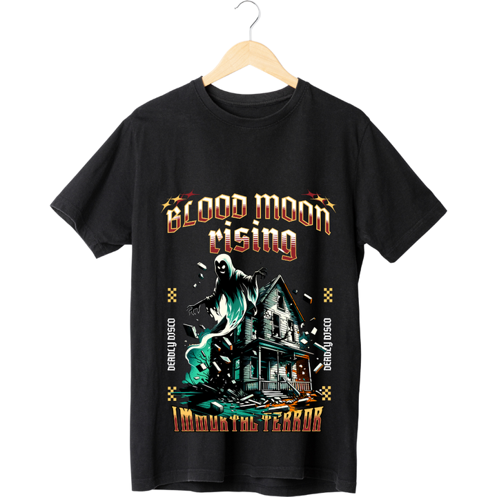 Blood Moon Rising T-Shirt - Dark Halloween Graphic Tee by RanggRiwaaz