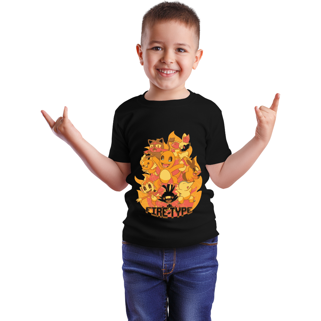 Official Pokemon Fire Type Starter Black Tee - Boys' Graphic Crew Neck T-Shirt with Charizard, Arcanine, & More by RanggRiwaaz