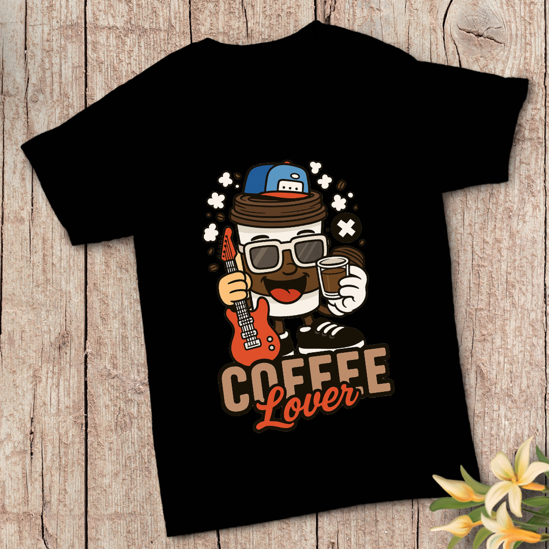 Music Coffee Lover with Guitar T-Shirt - Unisex Musician & Coffee Fan Tee by RanggRiwaaz