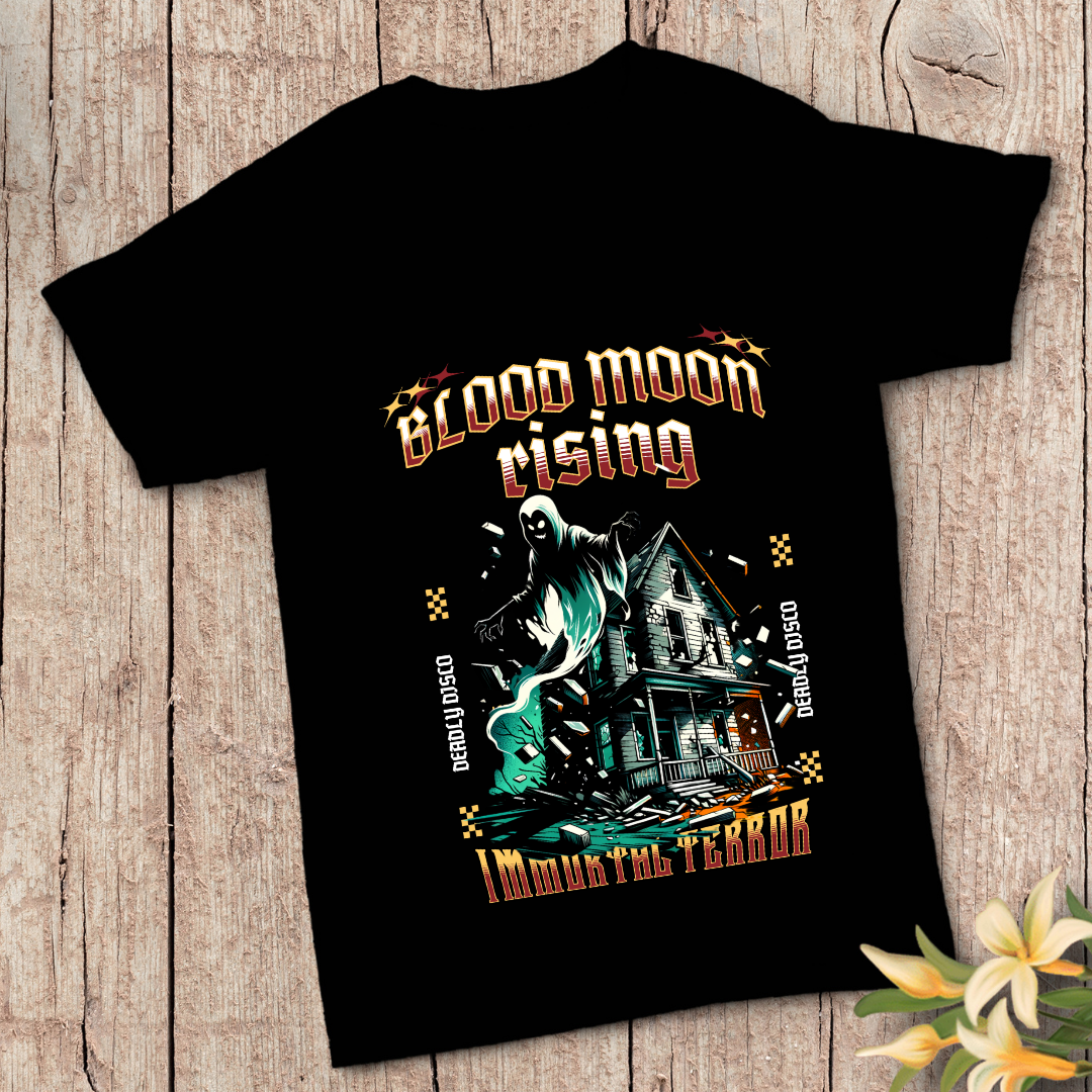 Blood Moon Rising T-Shirt - Dark Halloween Graphic Tee by RanggRiwaaz
