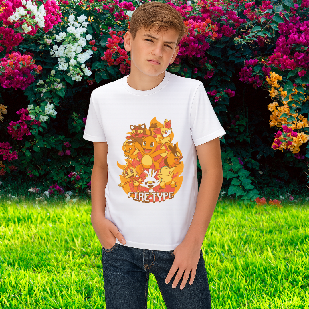 Official Pokemon Fire Type Starter White Tee - Boys' Graphic Crew Neck T-Shirt with Charizard, Arcanine, & More by RanggRiwaaz