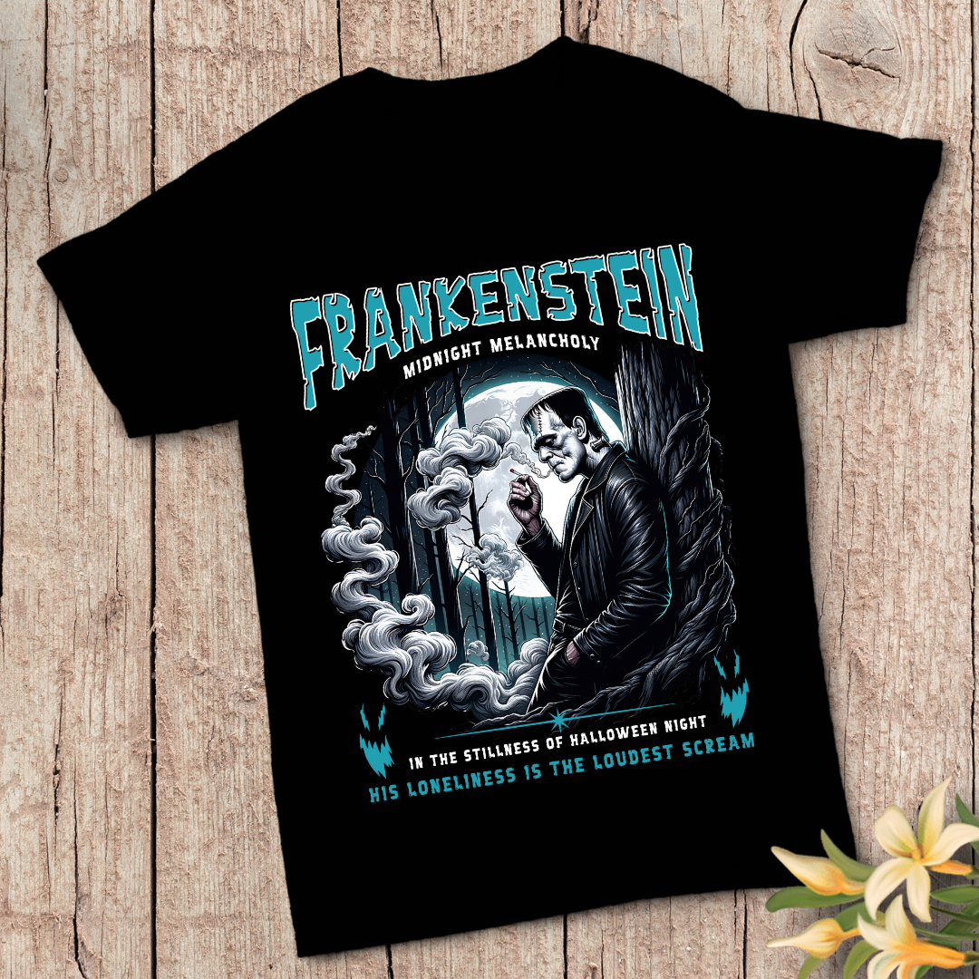 Frankenstein Midnight Melancholy T-Shirt - Gothic Literary Halloween Graphic Tee by RanggRiwaaz