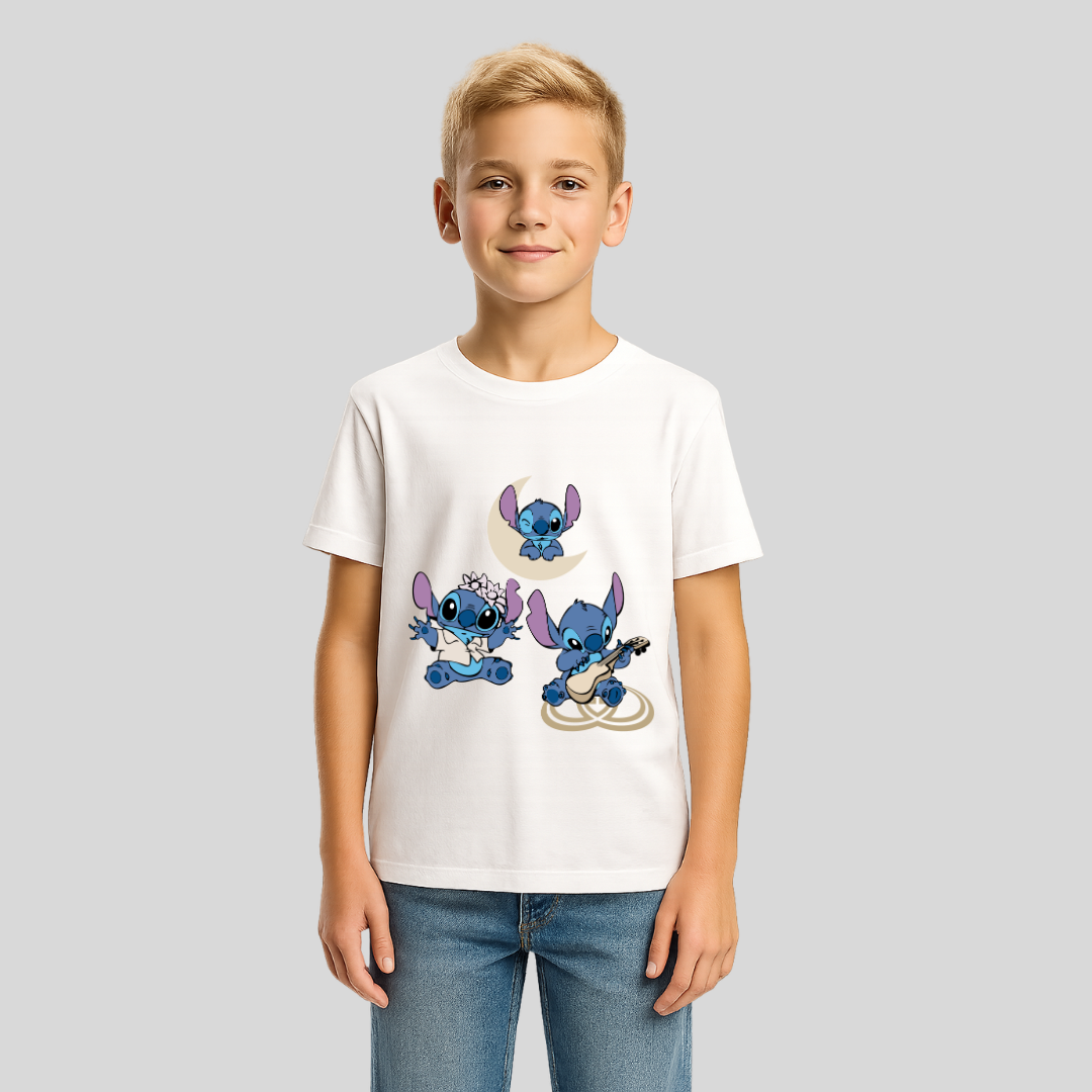 Disney Stitch Play Wink Dance White T-Shirt for Boys - Fun Character Graphic Tee by RanggRiwaaz