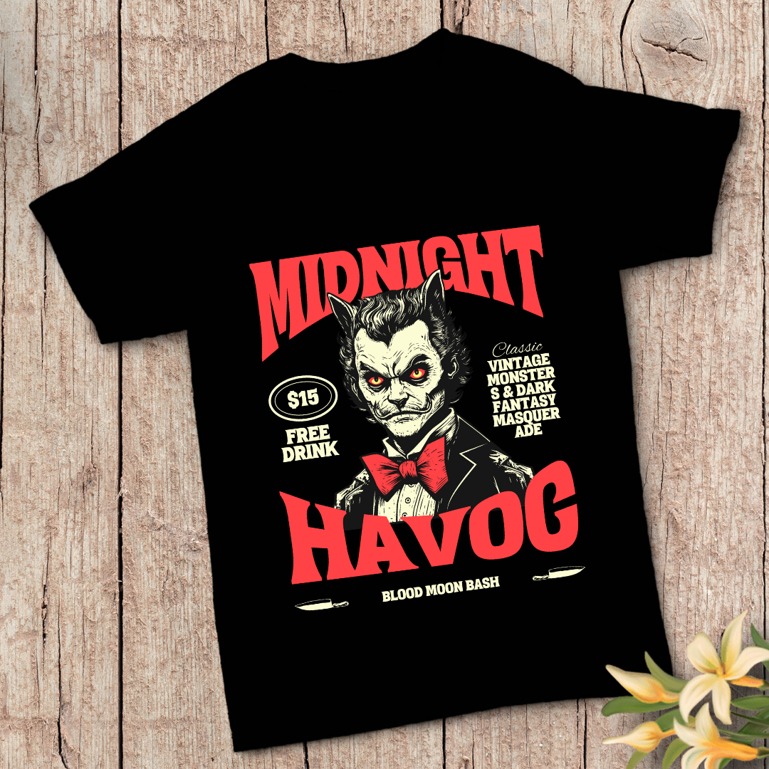 Midnight Havoc T-Shirt - Chaos & Rebellion Halloween Graphic Tee by RanggRiwaaz