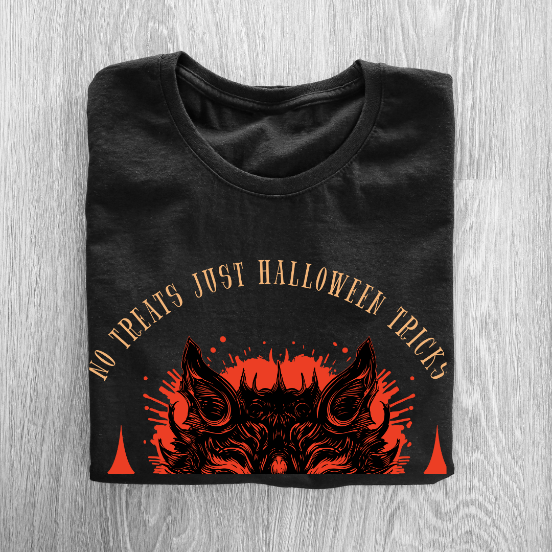 "No Treat Just Halloween Tricks" T-Shirt - Spooky Season Graphic Tee by RanggRiwaaz
