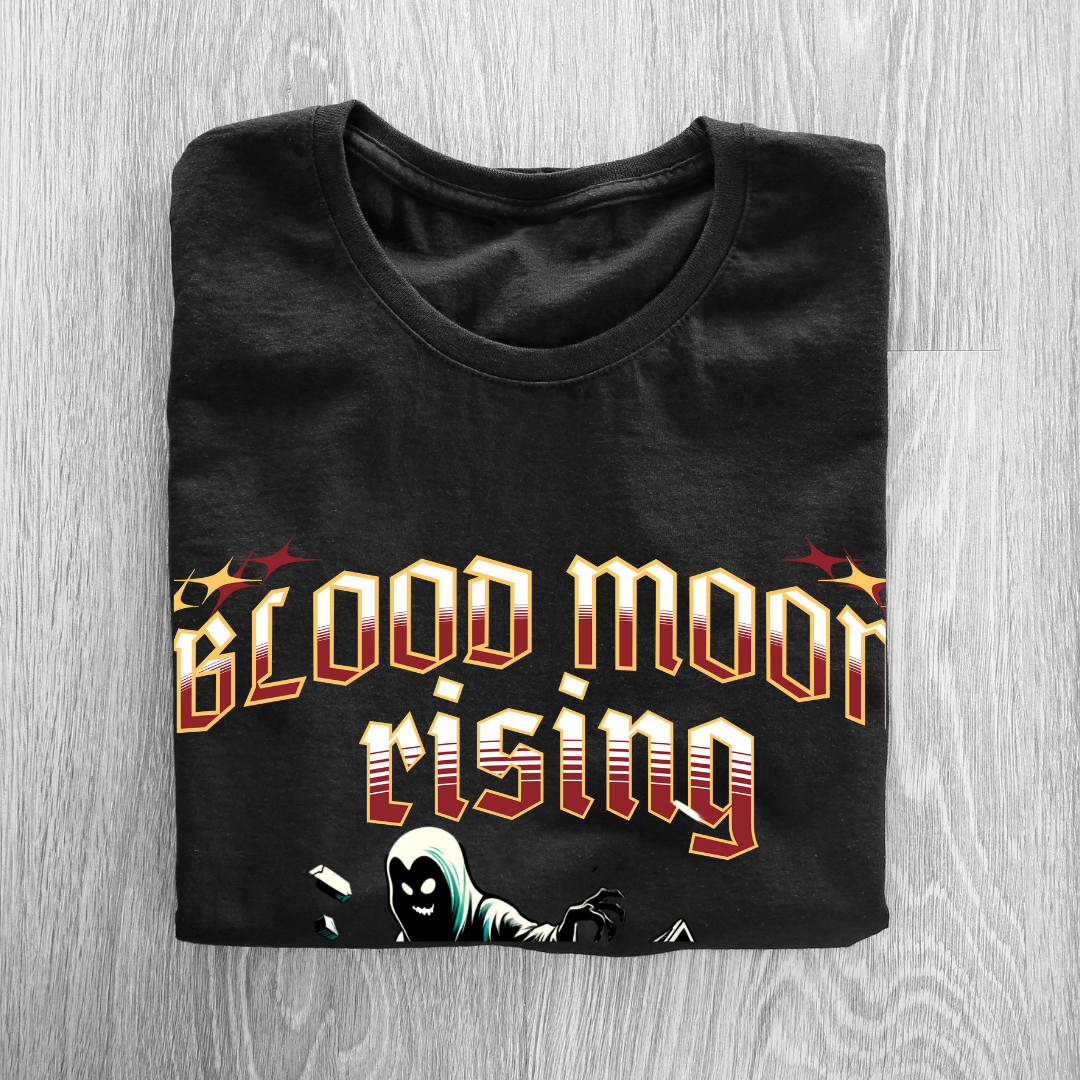 Blood Moon Rising T-Shirt - Dark Halloween Graphic Tee by RanggRiwaaz