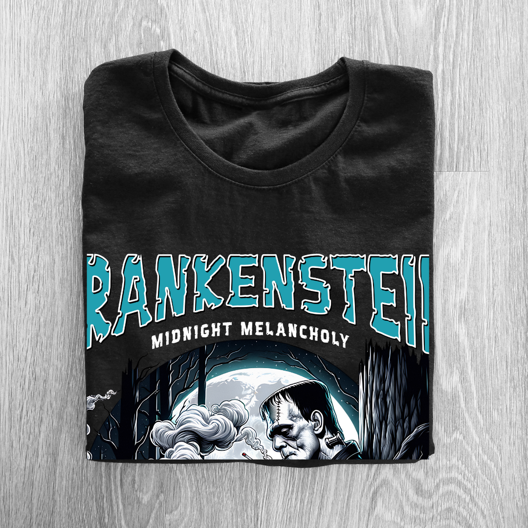 Frankenstein Midnight Melancholy T-Shirt - Gothic Literary Halloween Graphic Tee by RanggRiwaaz