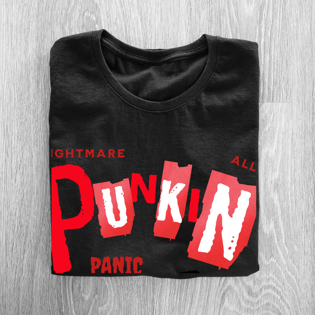 Nightmare Alley Punkin Panic T-Shirt - Retro Halloween & Spooky Vibe Tee by RanggRiwaaz