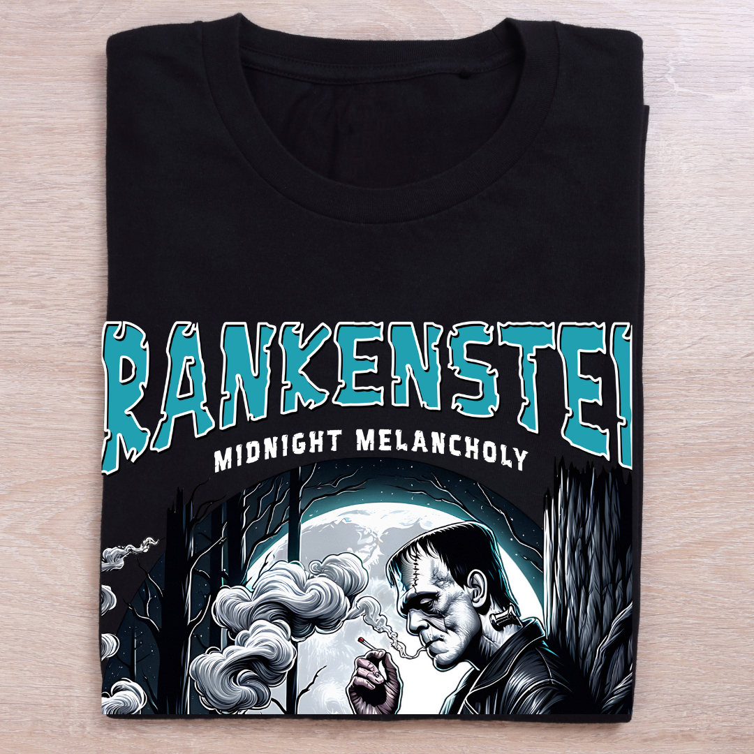 Frankenstein Midnight Melancholy T-Shirt - Gothic Literary Halloween Graphic Tee by RanggRiwaaz