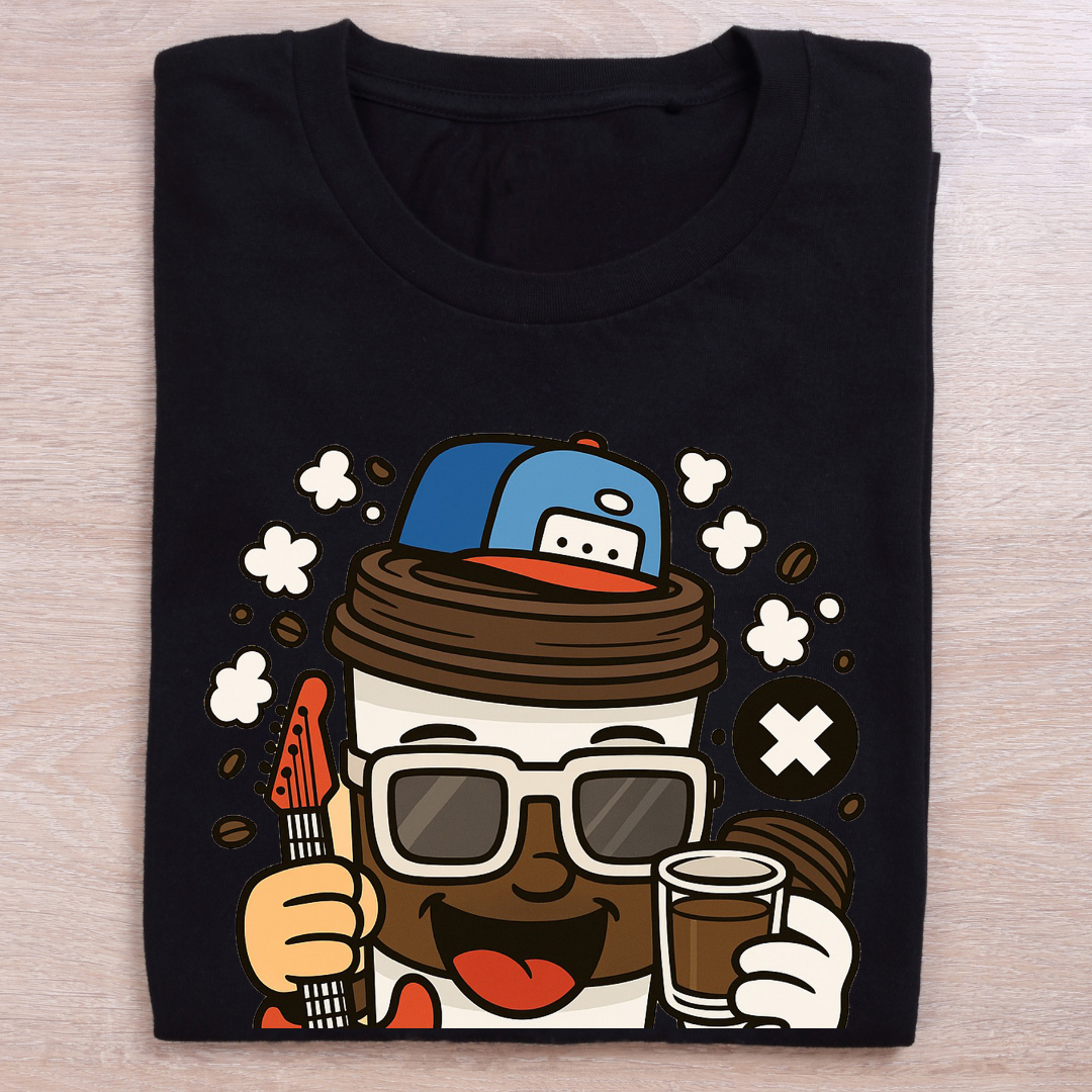 Music Coffee Lover with Guitar T-Shirt - Unisex Musician & Coffee Fan Tee by RanggRiwaaz