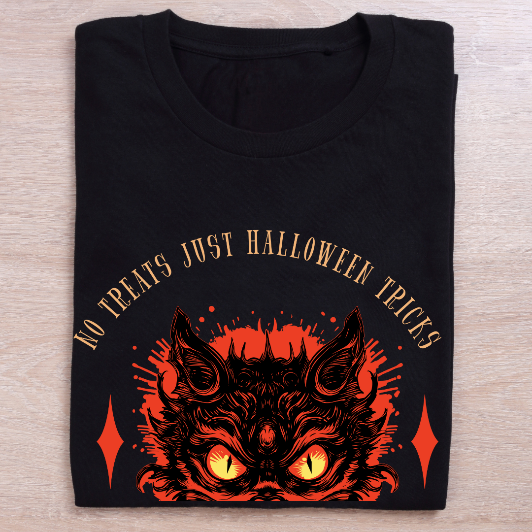 "No Treat Just Halloween Tricks" T-Shirt - Spooky Season Graphic Tee by RanggRiwaaz