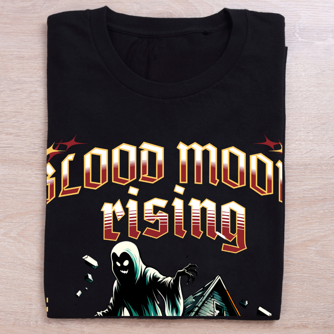 Blood Moon Rising T-Shirt - Dark Halloween Graphic Tee by RanggRiwaaz