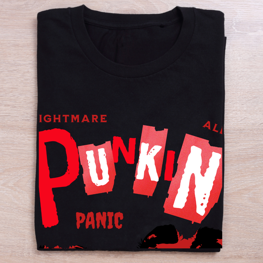 Nightmare Alley Punkin Panic T-Shirt - Retro Halloween & Spooky Vibe Tee by RanggRiwaaz