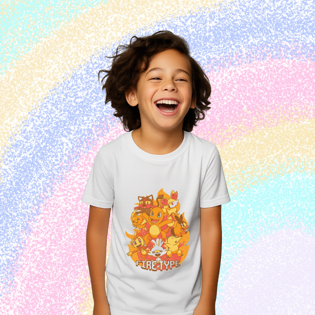 Official Pokemon Fire Type Starter White Tee - Boys' Graphic Crew Neck T-Shirt with Charizard, Arcanine, & More by RanggRiwaaz