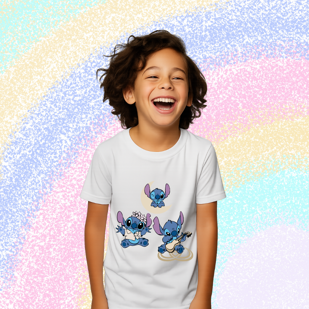 Disney Stitch Play Wink Dance White T-Shirt for Boys - Fun Character Graphic Tee by RanggRiwaaz