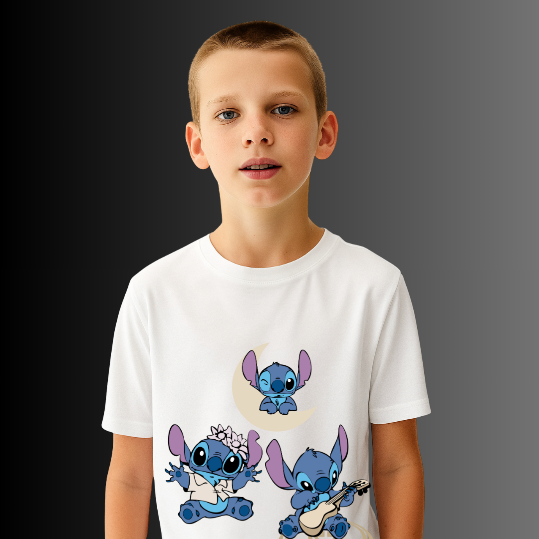 Disney Stitch Play Wink Dance White T-Shirt for Boys - Fun Character Graphic Tee by RanggRiwaaz