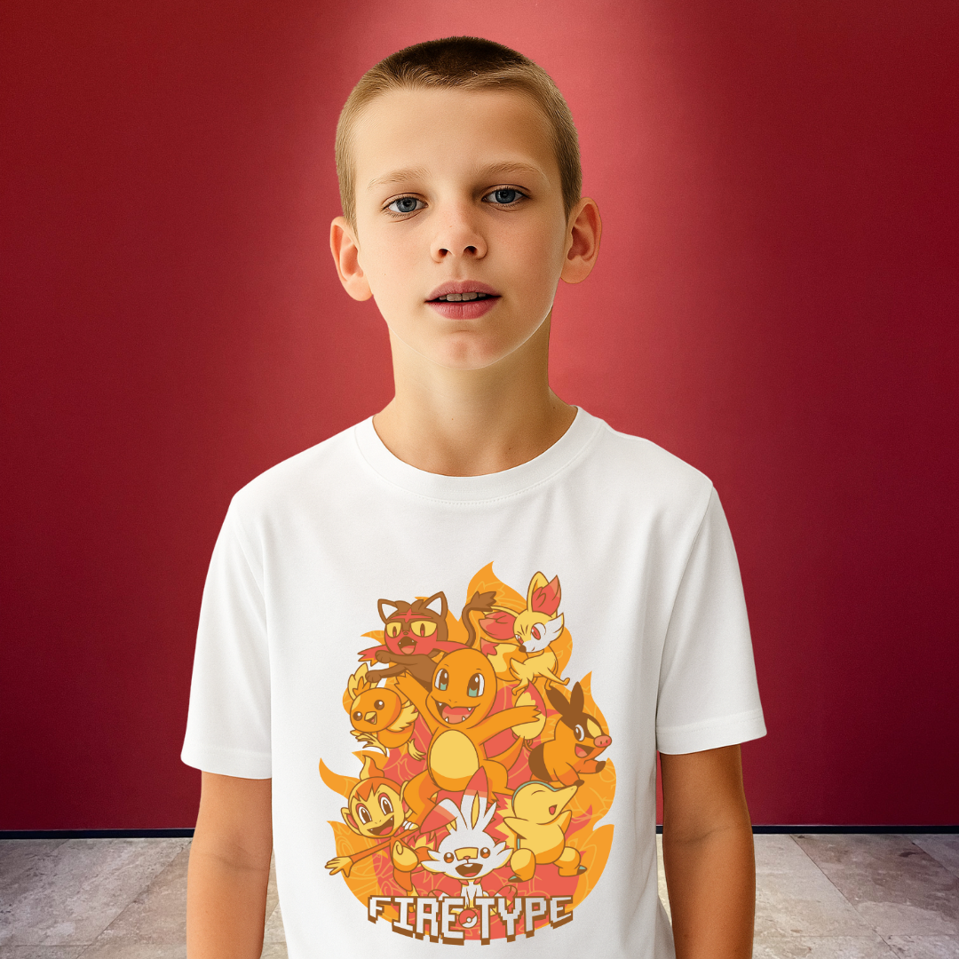 Official Pokemon Fire Type Starter White Tee - Boys' Graphic Crew Neck T-Shirt with Charizard, Arcanine, & More by RanggRiwaaz