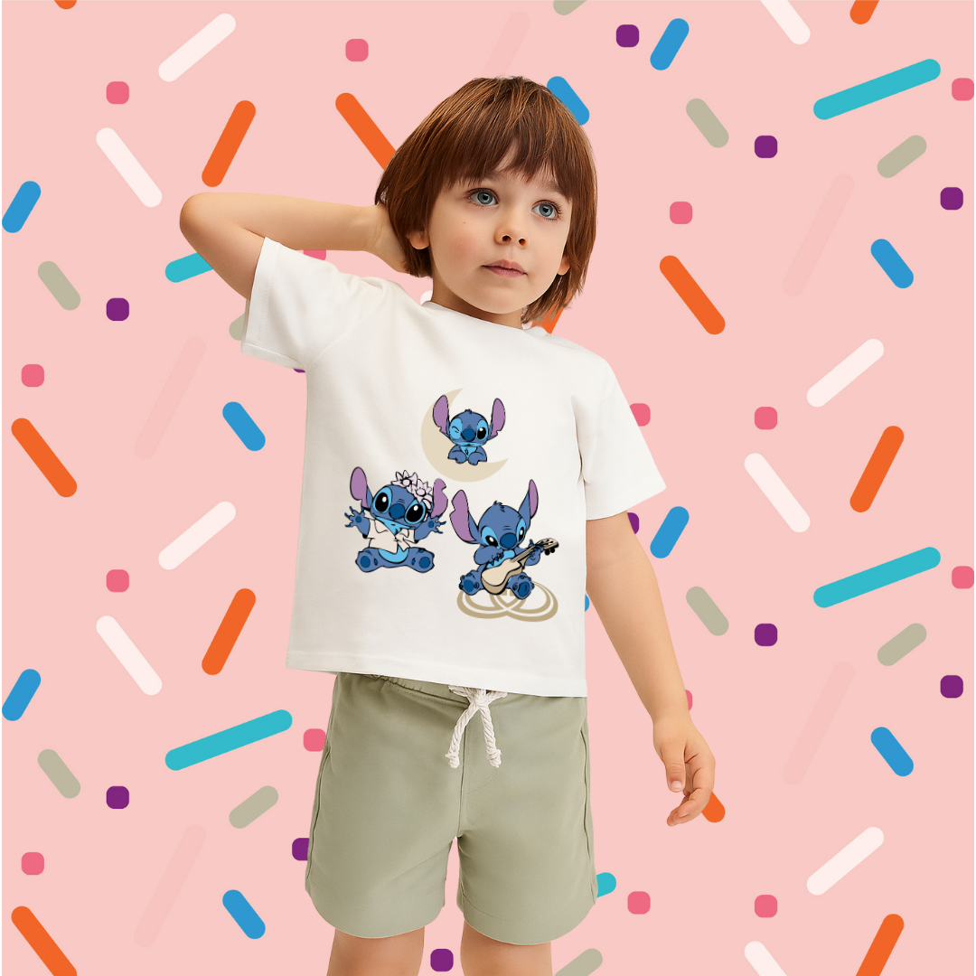 Disney Stitch Play Wink Dance White T-Shirt for Boys - Fun Character Graphic Tee by RanggRiwaaz