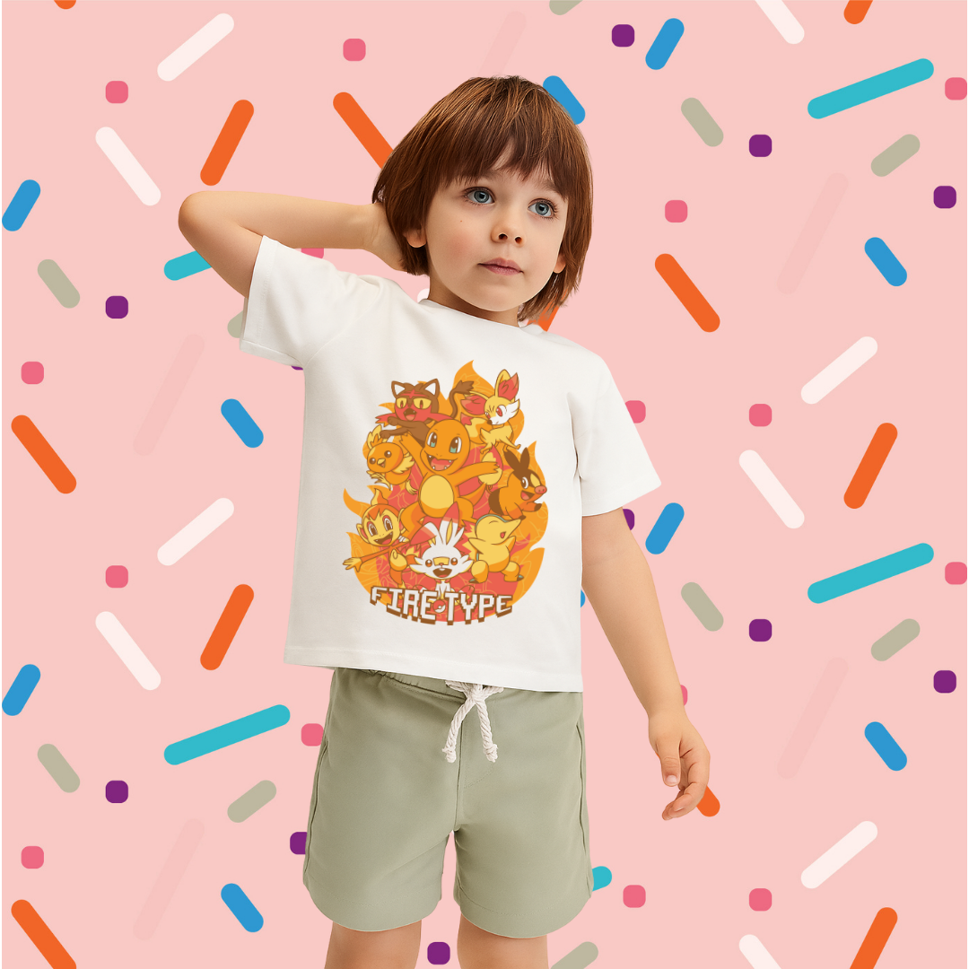 Official Pokemon Fire Type Starter White Tee - Boys' Graphic Crew Neck T-Shirt with Charizard, Arcanine, & More by RanggRiwaaz