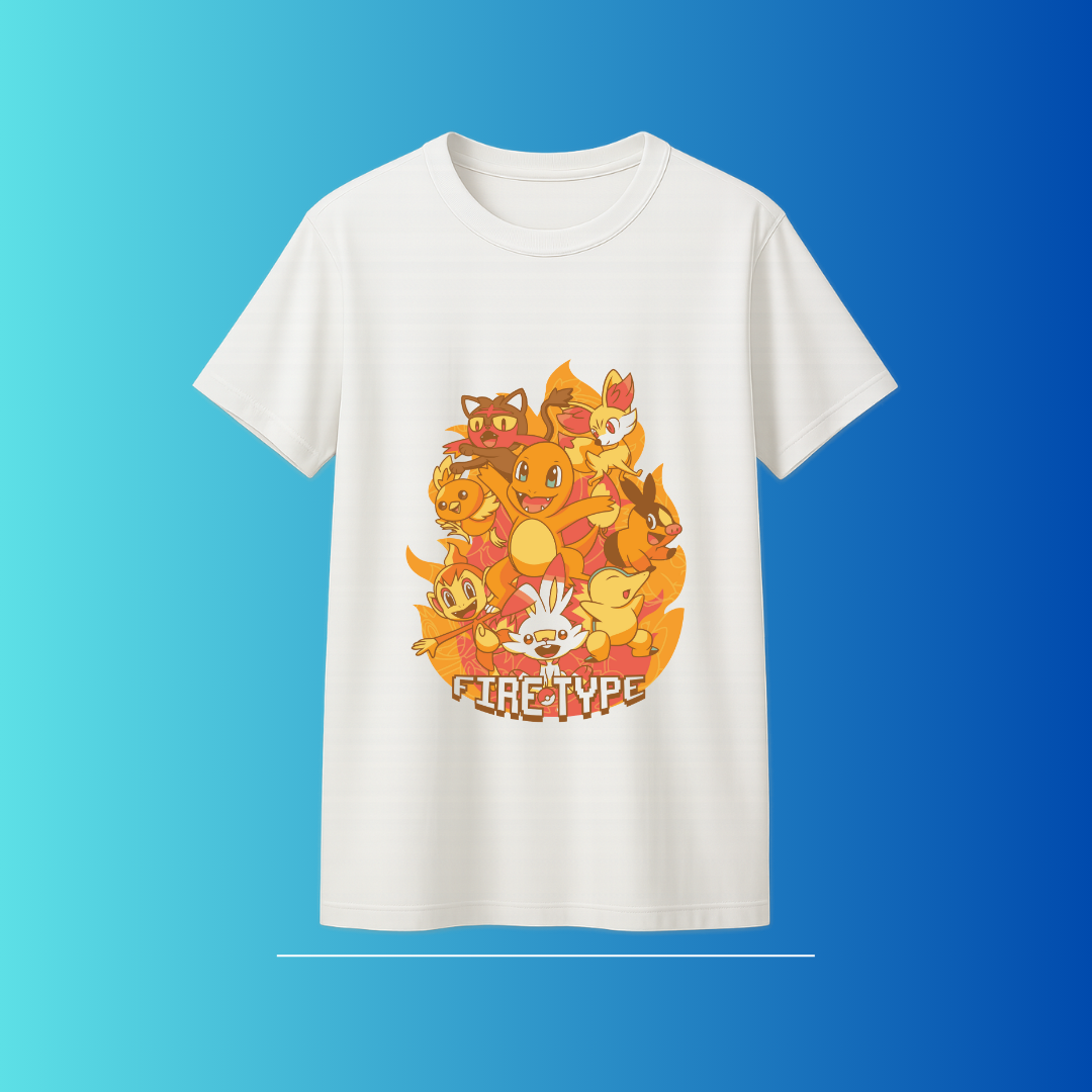 Official Pokemon Fire Type Starter White Tee - Boys' Graphic Crew Neck T-Shirt with Charizard, Arcanine, & More by RanggRiwaaz