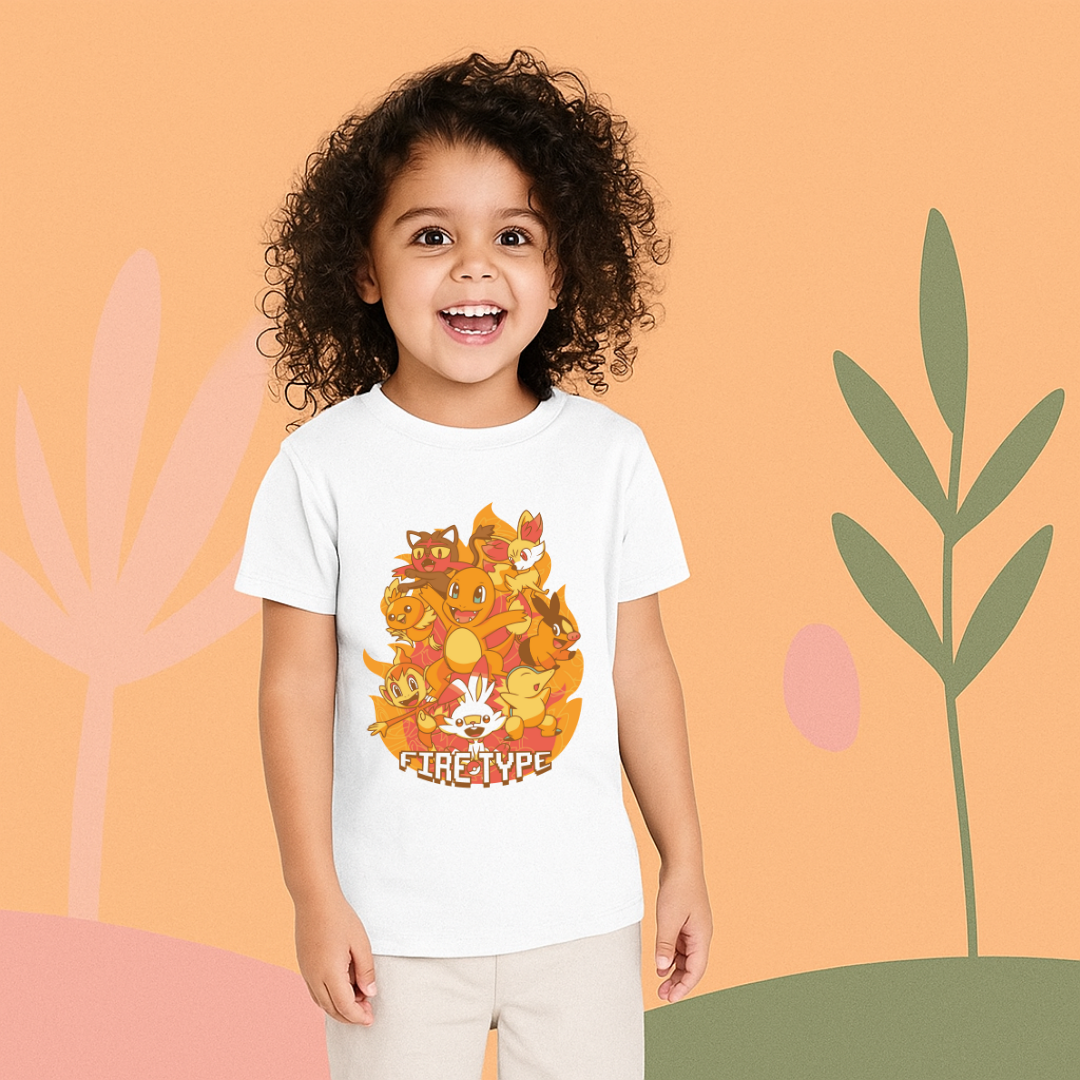 Official Pokemon Fire Type Starter White Tee - Boys' Graphic Crew Neck T-Shirt with Charizard, Arcanine, & More by RanggRiwaaz