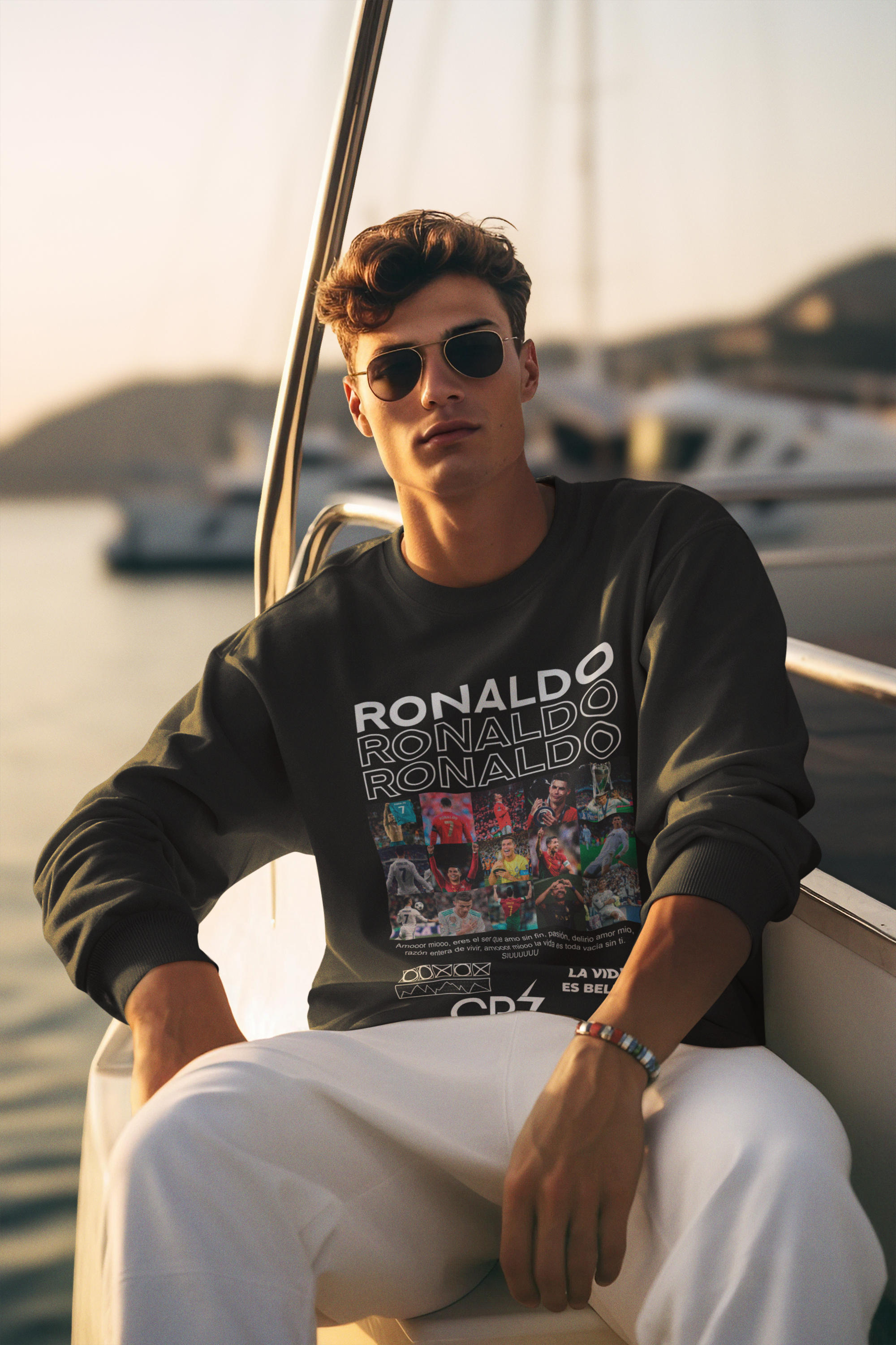 Cristiano Ronaldo Career Timeline Sweatshirt | CR7 Photo Grid Collage Crewneck (Black) Unisex Sweatshirt by RanggRiwaaz Unisex Sweatshirt by RanggRiwaaz
