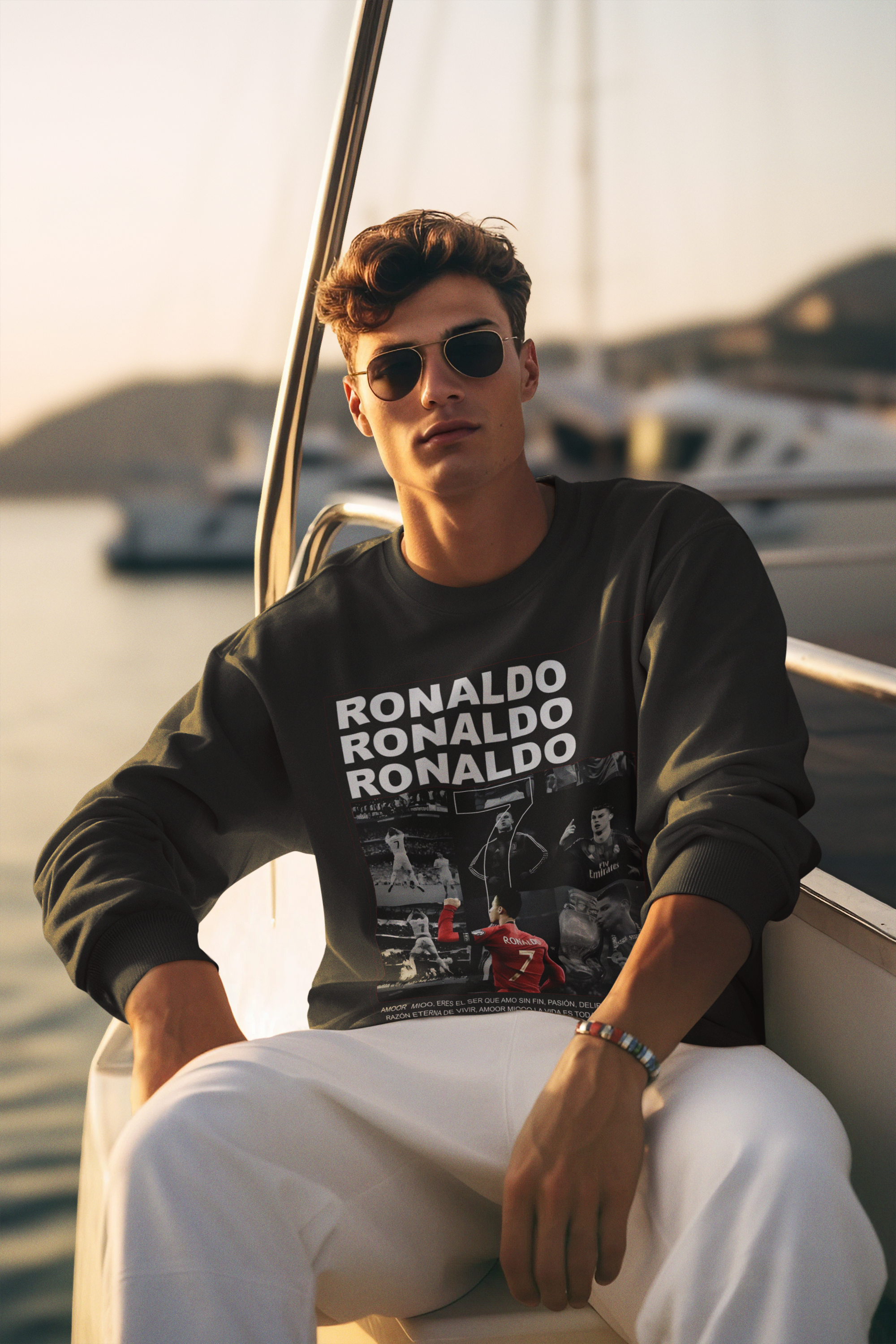 Cristiano Ronaldo Number 7 Sweatshirt | Aesthetic Monochrome Photo Grid Unisex Sweatshirt by RanggRiwaaz