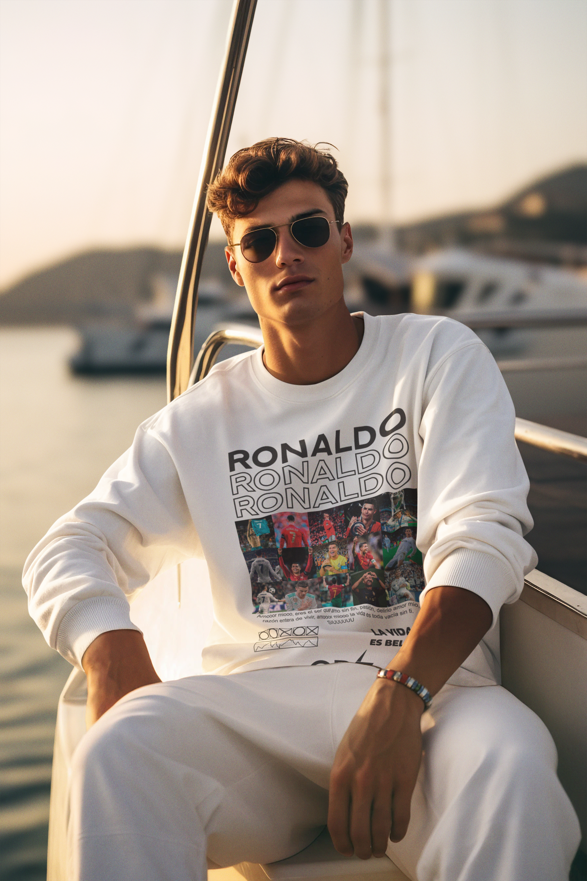 Cristiano Ronaldo Career Timeline Sweatshirt | CR7 Photo Grid Collage Crewneck (White) Unisex Sweatshirt by RanggRiwaaz