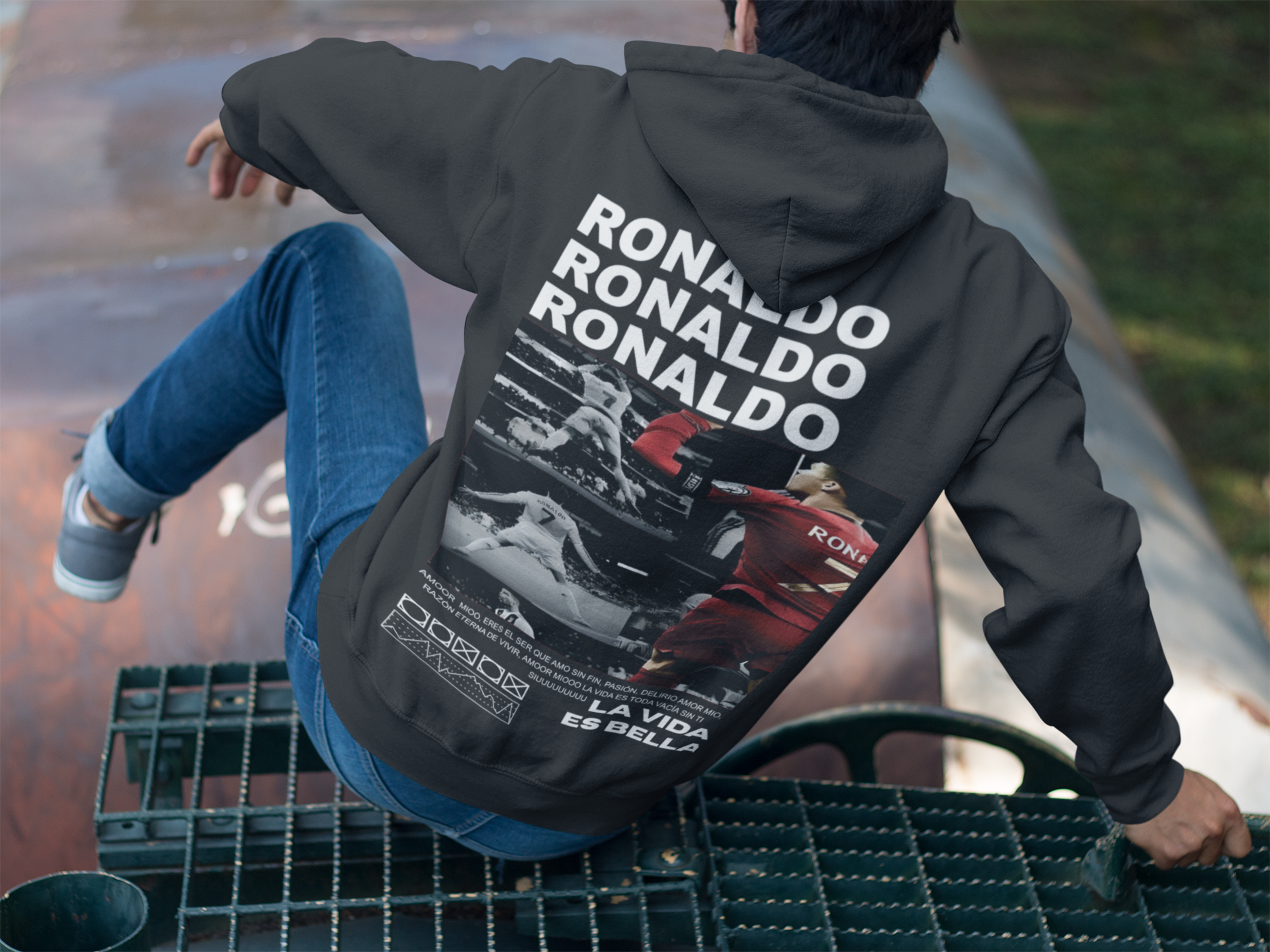 Black & White Ronaldo Graphic Hoodie | Minimalist CR7 Poster Design - Unisex Hoodie by RanggRiwaaz