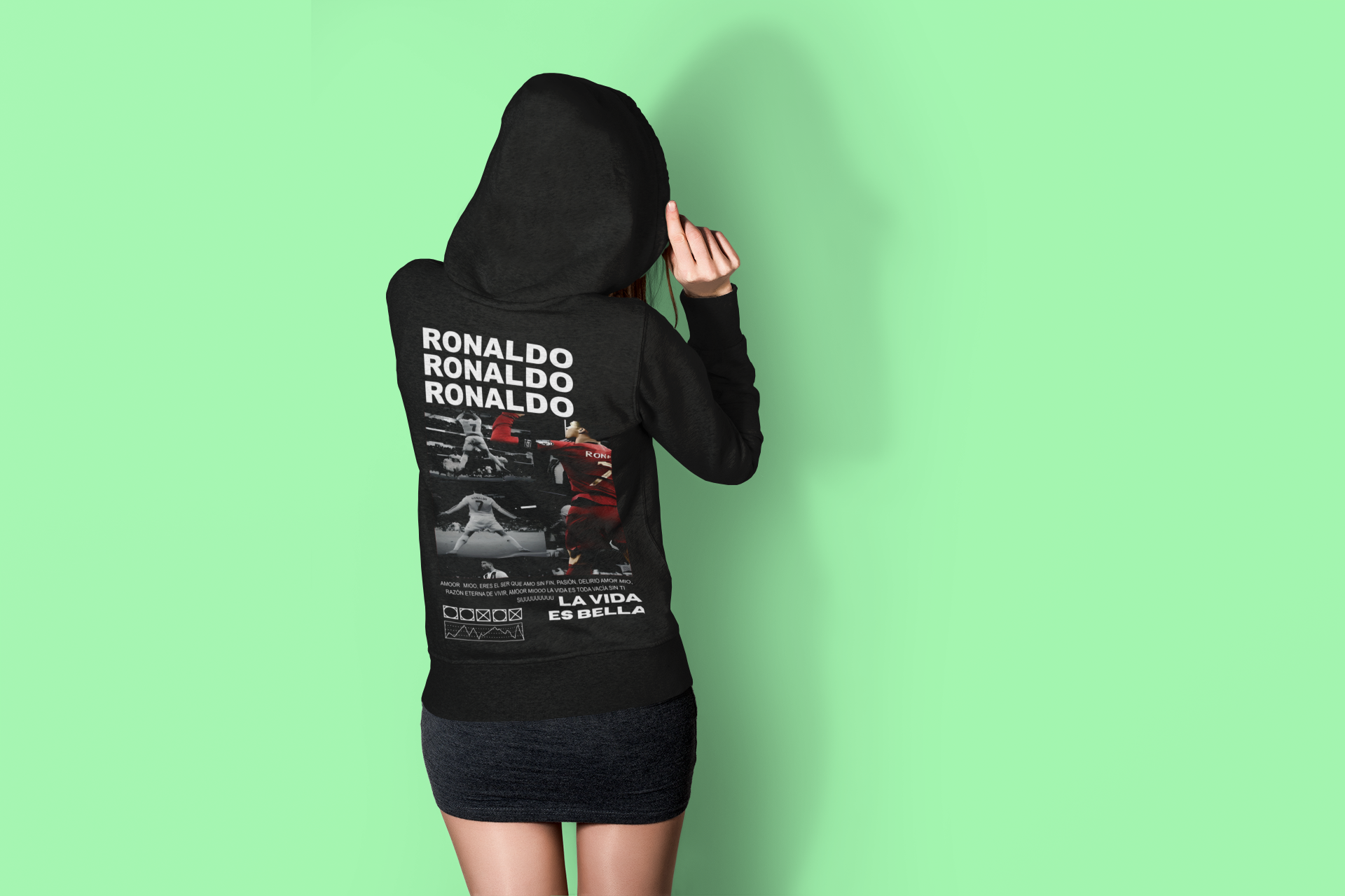 Black & White Ronaldo Graphic Hoodie | Minimalist CR7 Poster Design - Unisex Hoodie by RanggRiwaaz