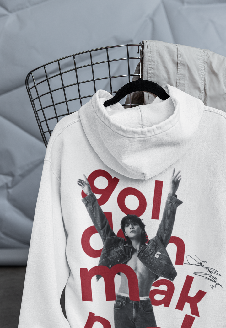 Jungkook Golden Maknae Hoodie | Bold Red Typography | BTS | K-POP Unisex Pullover Hoodie by RanggRiwaaz
